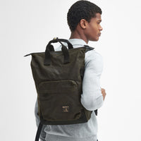 Olive/Black Barbour Field Wax Backpack On Model