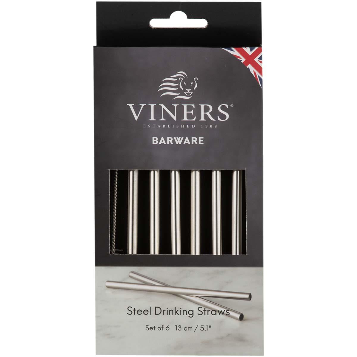 Viners Barware 6 Piece Short Steel Drinking Straws BOX