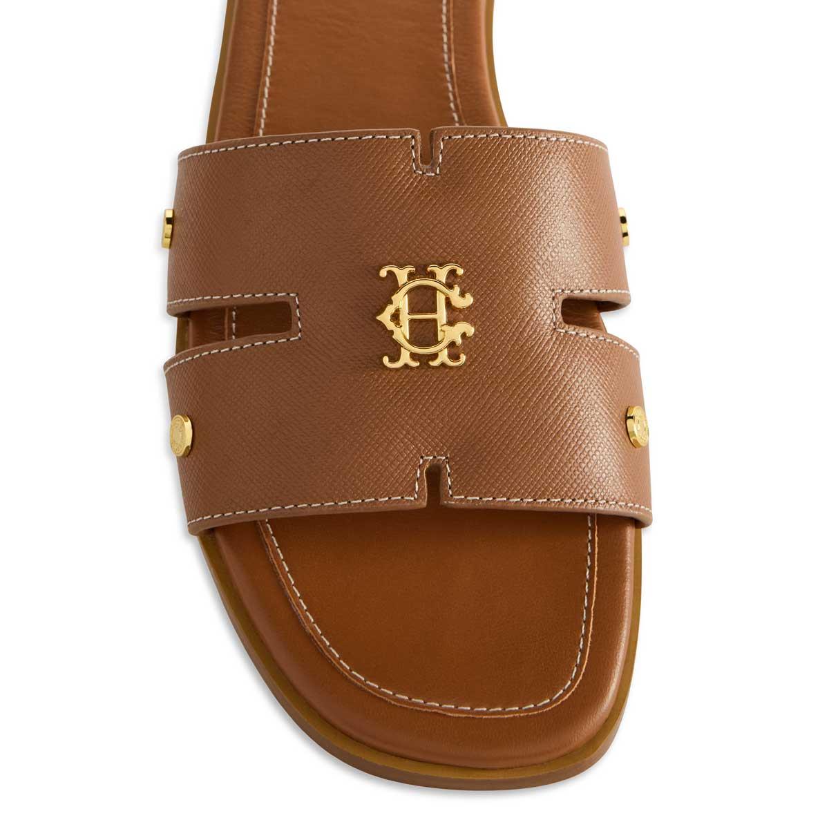 Tan Saffiano Holland Cooper Womens Heraldic Monogram Slides Toe Detail