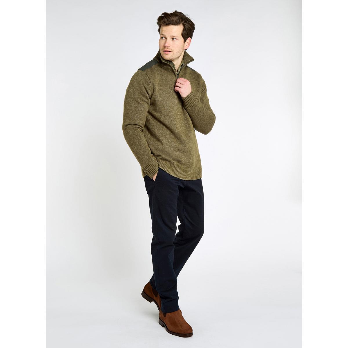 Dusky Green Dubarry Mens Doherty Zip Neck Lined Jumper On Model Full Length