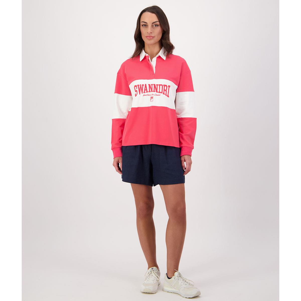 Watermelon/White Swanndri Womens Cameron Rugby Shirt On Model