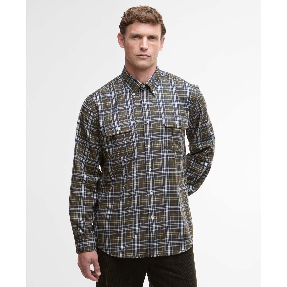 Olive Barbour Mens Saldon Thermo Weave Regular Checked Shirt Front