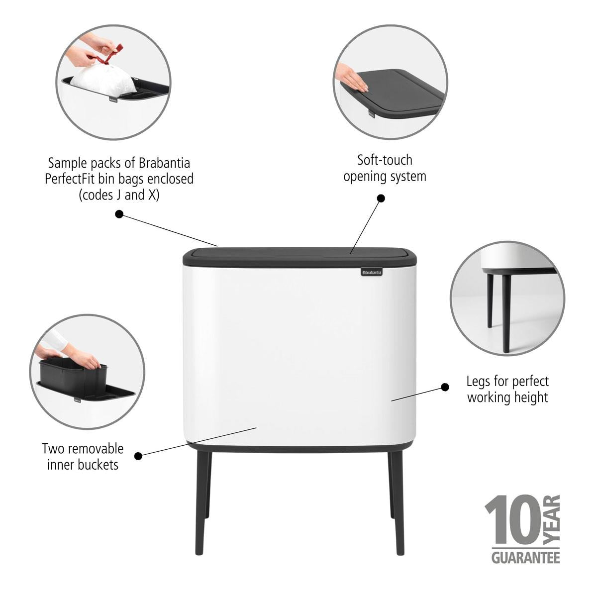 White Brabantia Bo Touch Bin 11+23 Litre Product Features