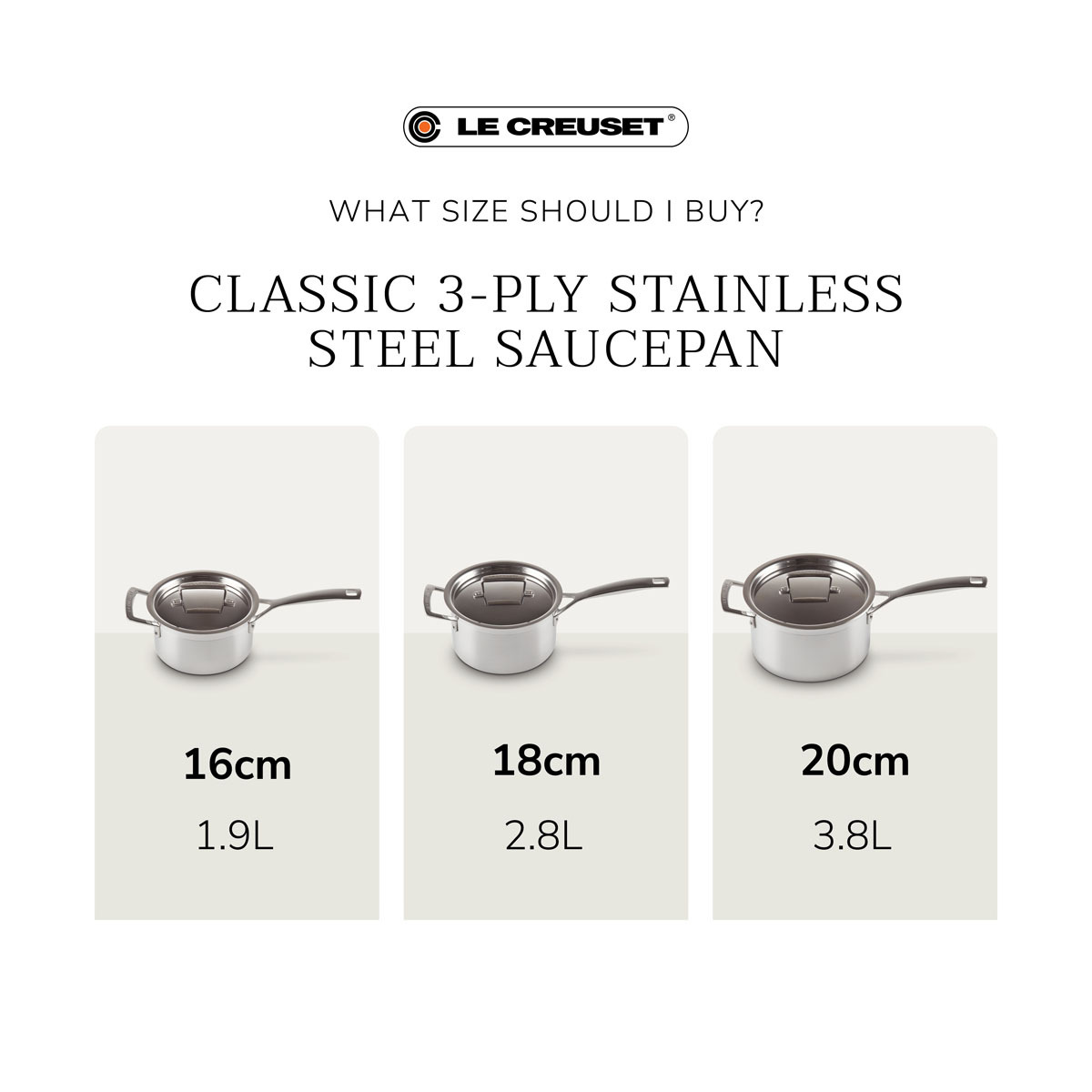 Le Creuset Classic 3-ply Stainless Steel Saucepan with Lid and Helper Handle”></p><strong>16cm:</strong>  Depth: 9.5cm / Width: 18cm / Length: 38.6cm / Height: 13.3cm / Capacity: 1.9L <strong>18cm</strong>  Depth: 11.1cm / Width: 20cm / Length: 42.9cm / Height: 15cm / Capacity: 2.8L <strong>20cm:</strong>  Depth: 12.2cm / Width: 22cm / Length: 45cm / Height: 16.2cm / Capacity: 3.8L
        </div>
    </div>
        <div class=